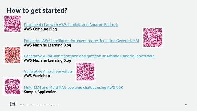 © 2023, Amazon Web Services, Inc. or its affiliates. All rights reserved.
How to get started?
38
Document chat with AWS Lambda and Amazon Bedrock
Enhancing AWS Intelligent document processing using Generative AI
Generative AI with Serverless
Multi-LLM and Multi-RAG powered chatbot using AWS CDK
Generative AI for summarization and question answering using your own data
