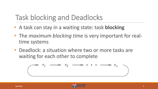 Task blocking and Deadlocks
• A task can stay in a waiting state: task blocking
• The maximum blocking time is very important for real-
time systems
• Deadlock: a situation where two or more tasks are
waiting for each other to complete
5
April 2015
