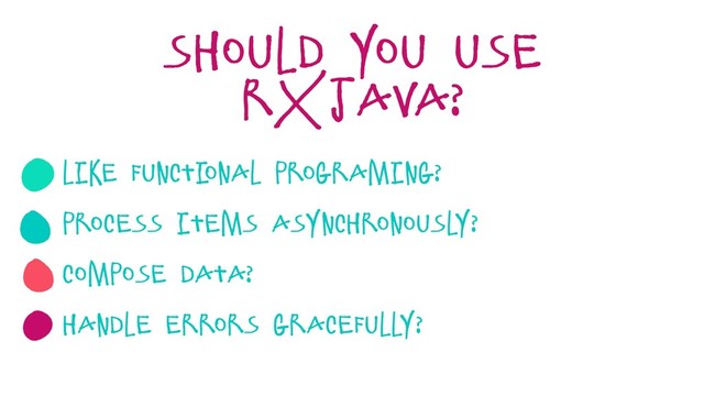 like functi
onal programing?
Process items asynchronously?
compose data?
handle errors gracefully?
should you use
rxjava?

