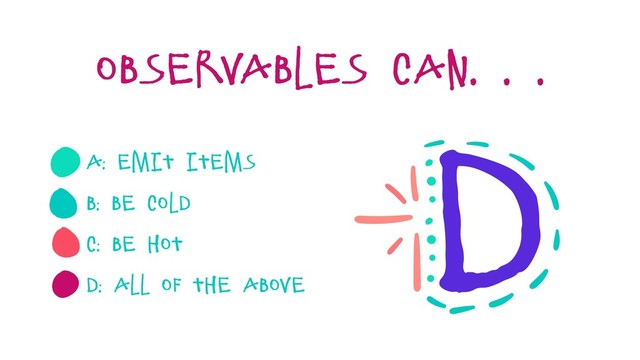 A: emit items
B: be cold
C: be hot
D: all of the above
Observables can. . .
