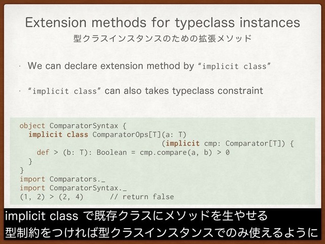 ܕΫϥεΠϯελϯεͷͨΊͷ֦ுϝιου
&YUFOTJPONFUIPETGPSUZQFDMBTTJOTUBODFT
w 8FDBOEFDMBSFFYUFOTJPONFUIPECZ“implicit class”
w “implicit class”DBOBMTPUBLFTUZQFDMBTTDPOTUSBJOU
JNQMJDJUDMBTTͰطଘΫϥεʹϝιουΛੜ΍ͤΔ
ܕ੍໿Λ͚ͭΕ͹ܕΫϥεΠϯελϯεͰͷΈ࢖͑ΔΑ͏ʹ
object ComparatorSyntax {
implicit class ComparatorOps[T](a: T)
(implicit cmp: Comparator[T]) { 
def > (b: T): Boolean = cmp.compare(a, b) > 0
}
}
import Comparators._
import ComparatorSyntax._
(1, 2) > (2, 4) // return false
