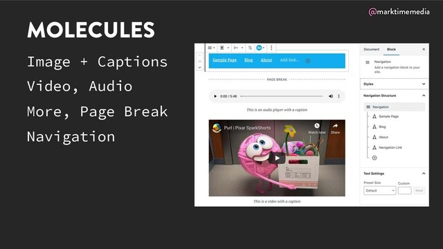 @marktimemedia
MOLECULES
Image + Captions
Video, Audio
More, Page Break
Navigation

