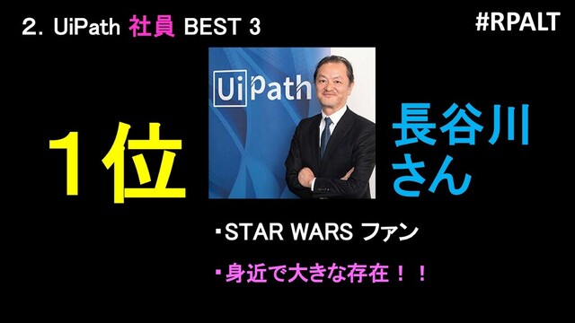 #RPALT
１位 長谷川
さん
・STAR WARS ファン
・身近で大きな存在！！
２．UiPath 社員 BEST 3
