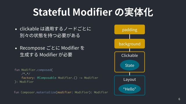 Stateful Modi
fi
er
6
Layout
padding
background
Hello
Clickable
State
clickable


Recompose Modi
fi
er
 
Modi
fi
er
fun Composer.materialize(modifier: Modifier): Modifier
fun Modifier.composed(
/*…*/
factory: @Composable Modifier.() -> Modifier
): Modifier
