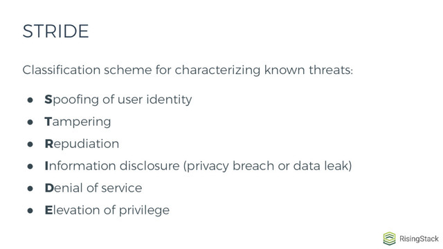 Classification scheme for characterizing known threats:
● Spoofing of user identity
● Tampering
● Repudiation
● Information disclosure (privacy breach or data leak)
● Denial of service
● Elevation of privilege
STRIDE
