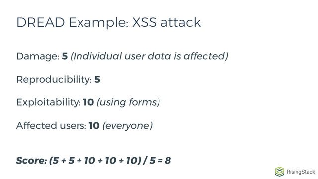 DREAD Example: XSS attack
Damage: 5 (Individual user data is affected)
Reproducibility: 5
Exploitability: 10 (using forms)
Affected users: 10 (everyone)
Score: (5 + 5 + 10 + 10 + 10) / 5 = 8
