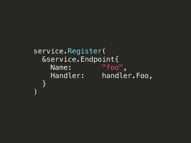 service.Register(
&service.Endpoint{
Name: "foo",
Handler: handler.Foo,
}
)
