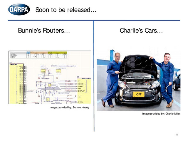 Bunnie’s Routers… Charlie’s Cars…
28
Image provided by: Charlie Miller
Soon to be released…
Image provided by: Bunnie Huang
