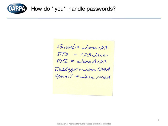How do *you* handle passwords?
8
Distribution A: Approved for Public Release, Distribution Unlimited.

