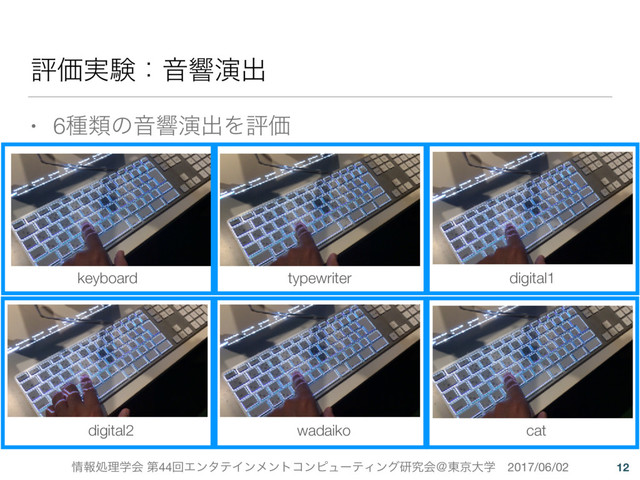 ৘ใॲཧֶձ ୈ44ճΤϯλςΠϯϝϯτίϯϐϡʔςΟϯάݚڀձˏ౦ژେֶɹ2017/06/02
ධՁ࣮ݧɿԻڹԋग़
• 6छྨͷԻڹԋग़ΛධՁ
12
keyboard digital1
typewriter
digital2 cat
wadaiko
