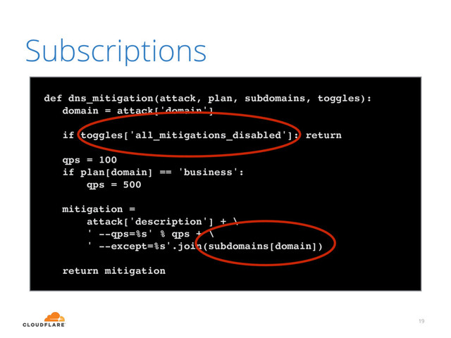 Subscriptions
19
def dns_mitigation(attack, plan, subdomains, toggles):
domain = attack['domain']
if toggles['all_mitigations_disabled']: return
qps = 100
if plan[domain] == 'business':
qps = 500
mitigation =
attack['description'] + \
' --qps=%s' % qps + \
' --except=%s'.join(subdomains[domain])
return mitigation
