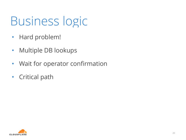 Business logic
• Hard problem!
• Multiple DB lookups
• Wait for operator conﬁrmation
• Critical path
20
