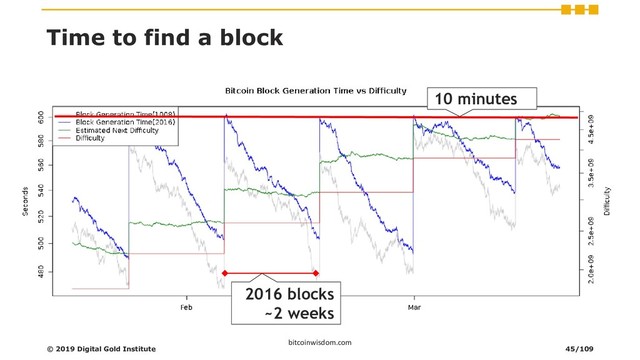 Time to find a block
10 minutes
2016 blocks
~2 weeks
bitcoinwisdom.com
© 2019 Digital Gold Institute 45/109
