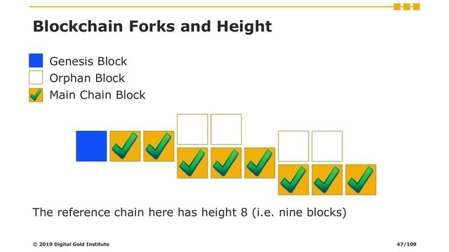 Blockchain Forks and Height
▪ Genesis Block
▪ Orphan Block
▪ Main Chain Block
The reference chain here has height 8 (i.e. nine blocks)
© 2019 Digital Gold Institute 47/109
