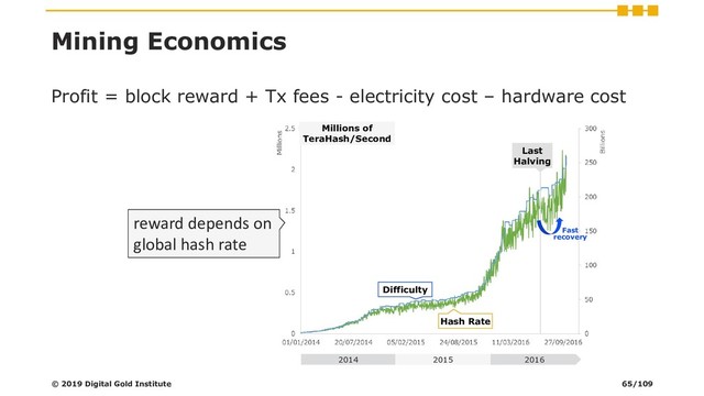 Mining Economics
Profit = block reward + Tx fees - electricity cost – hardware cost
Hash Rate
Difficulty
Millions of
TeraHash/Second
2015 2016
2014
Last
Halving
Fast
recovery
reward depends on
global hash rate
© 2019 Digital Gold Institute 65/109
