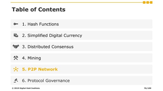 Table of Contents
1. Hash Functions
2. Simplified Digital Currency
3. Distributed Consensus
4. Mining
5. P2P Network
6. Protocol Governance
© 2019 Digital Gold Institute 76/109
