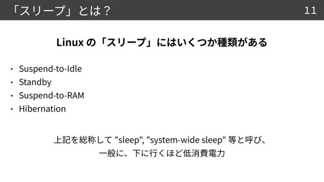 Suspend-to-Idle


Standby


Suspend-to-RAM


Hibernation


Linux
11
"sleep", "system-wide sleep"
 
