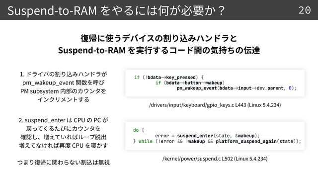 Suspend-to-RAM 20


Suspend-to-RAM
1.


pm_wakeup_event


PM subsystem


2
. suspend_enter CPU PC



 

CPU


/drivers/input/keyboard/gpio_keys.c L
44 3
(Linux
5
.
4
.
2 3
4
)
/kernel/power/suspend.c L
5 02
(Linux
5
.
4
.
2 34
)
