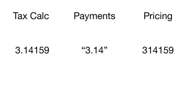 Tax Calc Payments Pricing
3.14159 “3.14” 314159
