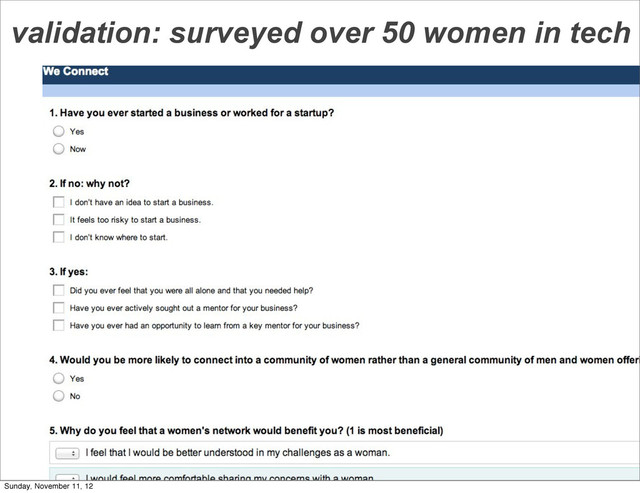 validation: surveyed over 50 women in tech
Sunday, November 11, 12
