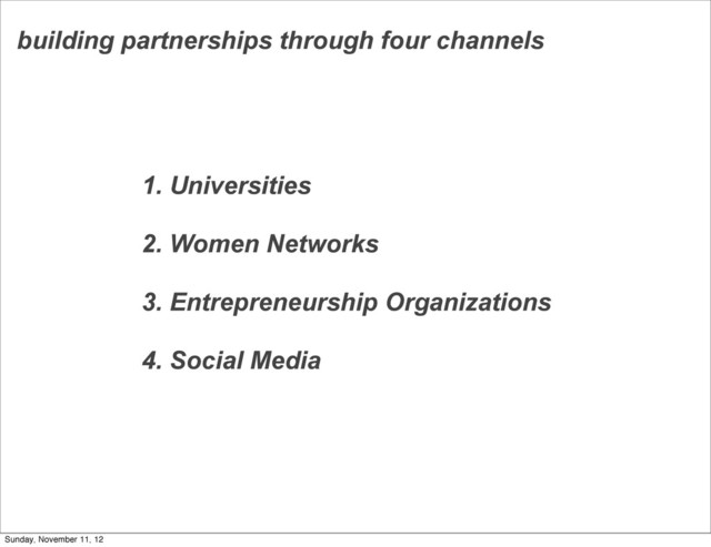 building partnerships through four channels
1. Universities
2. Women Networks
3. Entrepreneurship Organizations
4. Social Media
Sunday, November 11, 12
