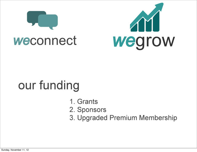 wegrow
our funding
1. Grants
2. Sponsors
3. Upgraded Premium Membership
Sunday, November 11, 12
