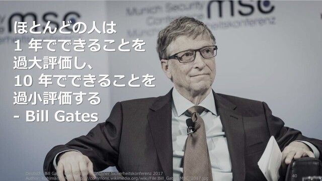 Deutsch: Bill Gates während der Münchner Sicherheitskonferenz 2017
Author: Kuhlmann /MSC https://commons.wikimedia.org/wiki/File:Bill_Gates_MSC_2017.jpg
40
ほとんどの人は
1 年でできることを
過大評価し、
10 年でできることを
過小評価する
- Bill Gates
