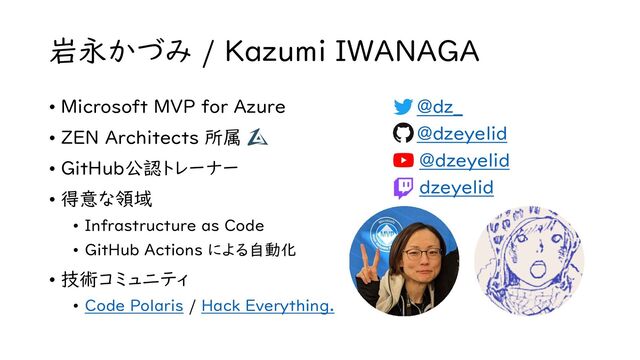 岩永かづみ / Kazumi IWANAGA
• Microsoft MVP for Azure
• ZEN Architects 所属
• GitHub公認トレーナー
• 得意な領域
• Infrastructure as Code
• GitHub Actions による自動化
• 技術コミュニティ
• Code Polaris / Hack Everything.
• @dz_
• @dzeyelid
• @dzeyelid
• dzeyelid
