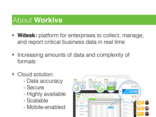 • Wdesk: platform for enterprises to collect, manage,
and report critical business data in real time
• Increasing amounts of data and complexity of
formats
• Cloud solution: 
- Data accuracy 
- Secure 
- Highly available 
- Scalable 
- Mobile-enabled
About Workiva
