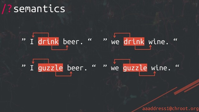 aaaddress1@chroot.org
/?semantics
” we drink wine. “
” I drink beer. “
” we guzzle wine. “
” I guzzle beer. “
