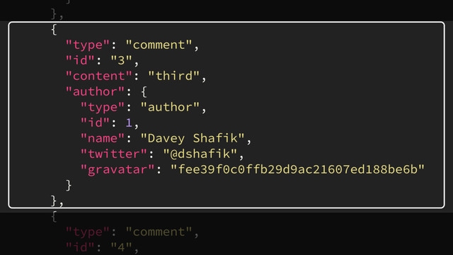 }
},
{
"type": "comment",
"id": "3",
"content": "third",
"author": {
"type": "author",
"id": 1,
"name": "Davey Shafik",
"twitter": "@dshafik",
"gravatar": "fee39f0c0ffb29d9ac21607ed188be6b"
}
},
{
"type": "comment",
"id": "4",
