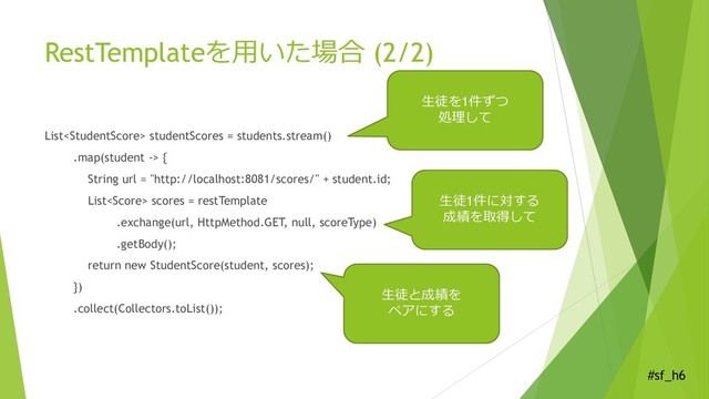 #sf_h6
RestTemplateを用いた場合 (2/2)
List studentScores = students.stream()
.map(student -> {
String url = "http://localhost:8081/scores/" + student.id;
List scores = restTemplate
.exchange(url, HttpMethod.GET, null, scoreType)
.getBody();
return new StudentScore(student, scores);
})
.collect(Collectors.toList());
生徒を1件ずつ
処理して
生徒1件に対する
成績を取得して
生徒と成績を
ペアにする
