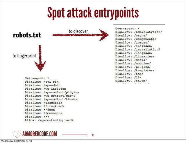 Spot attack entrypoints
13
robots.txt to discover
to ﬁngerprint
Wednesday, September 18, 13
