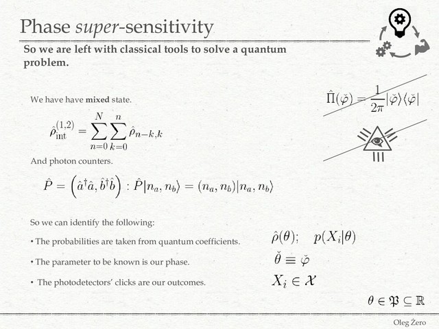 Phase super-sensitivity
Oleg Żero
So we are left with classical tools to solve a quantum
problem.
We have have mixed state.
And photon counters.
So we can identify the following:
• The probabilities are taken from quantum coefficients.
• The parameter to be known is our phase.
• The photodetectors’ clicks are our outcomes.
