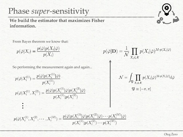 Phase super-sensitivity
Oleg Żero
We build the estimator that maximizes Fisher
information.
From Bayes theorem we know that:
So performing the measurement again and again...
