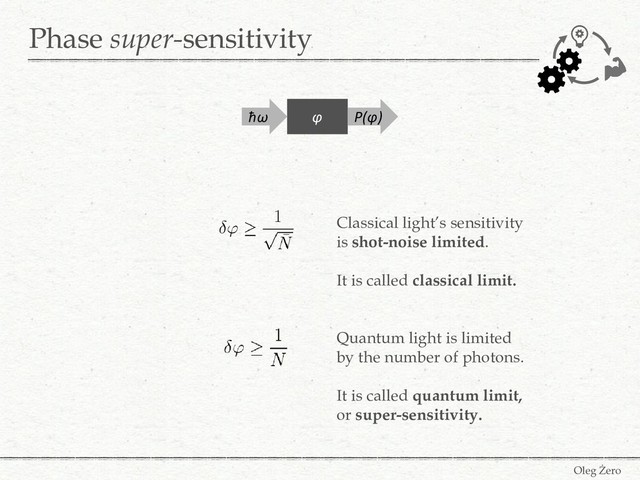 Phase super-sensitivity
Oleg Żero
ħω P(φ)
φ
Classical light’s sensitivity
is shot-noise limited.
It is called classical limit.
Quantum light is limited
by the number of photons.
It is called quantum limit,
or super-sensitivity.
