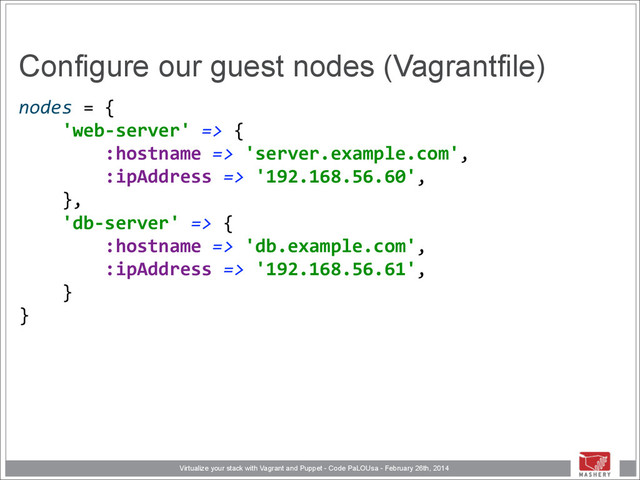 Virtualize your stack with Vagrant and Puppet - Code PaLOUsa - February 26th, 2014
Configure our guest nodes (Vagrantfile)
nodes	  =	  { 
	  	  	  	  'web-­‐server'	  =>	  { 
	  	  	  	  	  	  	  	  :hostname	  =>	  'server.example.com', 
	  	  	  	  	  	  	  	  :ipAddress	  =>	  '192.168.56.60', 
	  	  	  	  }, 
	  	  	  	  'db-­‐server'	  =>	  { 
	  	  	  	  	  	  	  	  :hostname	  =>	  'db.example.com', 
	  	  	  	  	  	  	  	  :ipAddress	  =>	  '192.168.56.61', 
	  	  	  	  } 
}
