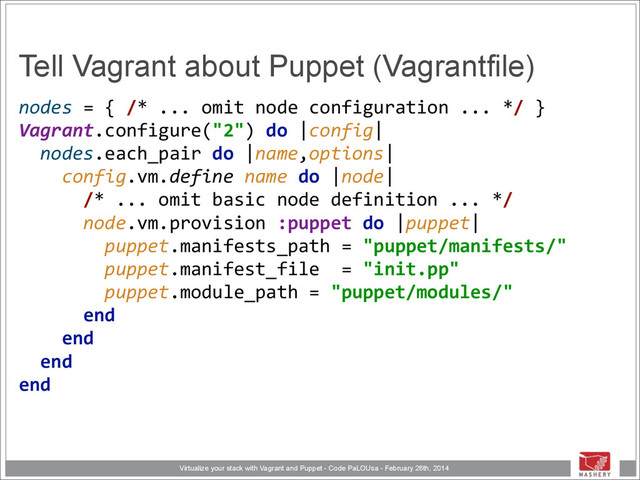 Virtualize your stack with Vagrant and Puppet - Code PaLOUsa - February 26th, 2014
Tell Vagrant about Puppet (Vagrantfile)
nodes	  =	  {	  /*	  ...	  omit	  node	  configuration	  ...	  */	  } 
Vagrant.configure("2")	  do	  |config| 
	  	  nodes.each_pair	  do	  |name,options| 
	  	  	  	  config.vm.define	  name	  do	  |node| 
	  	  	  	  	  	  /*	  ...	  omit	  basic	  node	  definition	  ...	  */	  
	  	  	  	  	  	  node.vm.provision	  :puppet	  do	  |puppet| 
	  	  	  	  	  	  	  	  puppet.manifests_path	  =	  "puppet/manifests/" 
	  	  	  	  	  	  	  	  puppet.manifest_file	  	  =	  "init.pp" 
	  	  	  	  	  	  	  	  puppet.module_path	  =	  "puppet/modules/" 
	  	  	  	  	  	  end	  
	  	  	  	  end 
	  	  end 
end
