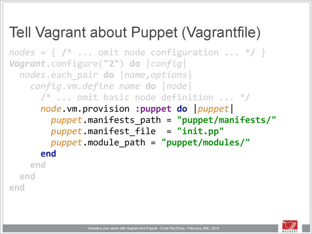 Virtualize your stack with Vagrant and Puppet - Code PaLOUsa - February 26th, 2014
nodes	  =	  {	  /*	  ...	  omit	  node	  configuration	  ...	  */	  } 
Vagrant.configure("2")	  do	  |config| 
	  	  nodes.each_pair	  do	  |name,options| 
	  	  	  	  config.vm.define	  name	  do	  |node| 
	  	  	  	  	  	  /*	  ...	  omit	  basic	  node	  definition	  ...	  */	  
	  	  	  	  	  	  node.vm.provision	  :puppet	  do	  |puppet| 
	  	  	  	  	  	  	  	  puppet.manifests_path	  =	  "puppet/manifests/" 
	  	  	  	  	  	  	  	  puppet.manifest_file	  	  =	  "init.pp" 
	  	  	  	  	  	  	  	  puppet.module_path	  =	  "puppet/modules/" 
	  	  	  	  	  	  end	  
	  	  	  	  end 
	  	  end 
end
Tell Vagrant about Puppet (Vagrantfile)
