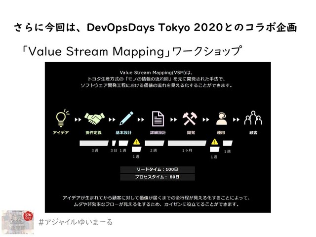 「Value Stream Mapping」ワークショップ
#アジャイルゆいまーる
さらに今回は、DevOpsDays Tokyo 2020とのコラボ企画
