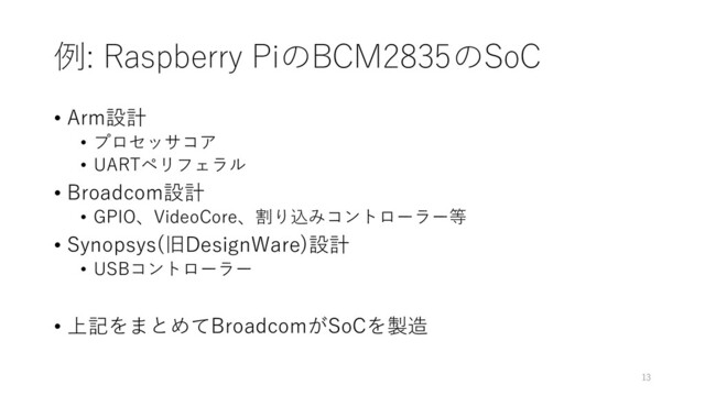 例: Raspberry PiのBCM2835のSoC
• Arm設計
• プロセッサコア
• UARTペリフェラル
• Broadcom設計
• GPIO、VideoCore、割り込みコントローラー等
• Synopsys(旧DesignWare)設計
• USBコントローラー
• 上記をまとめてBroadcomがSoCを製造
13
