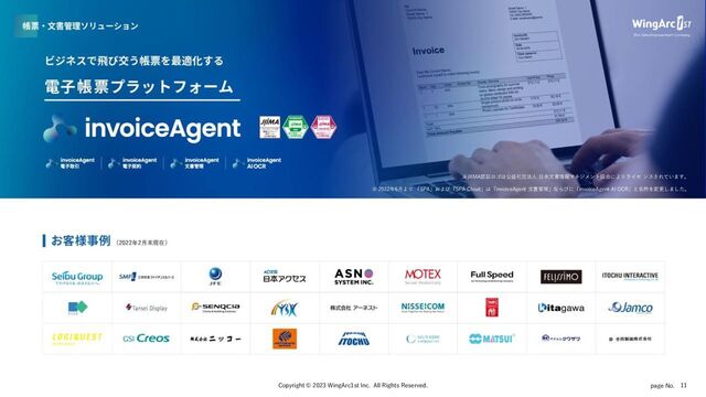 page No.
（2022年2月末現在）
※ 2022年6月より 「SPA」および「SPA Cloud」は「invoiceAgent 文書管理」ならびに「invoiceAgent AI OCR」と名称を変更しました。
※JIIMA認証ロゴは公益社団法人 日本文書情報マネジメント協会によりライセ ンスされています。
11
Copyright © 2023 WingArc1st Inc. All Rights Reserved.
