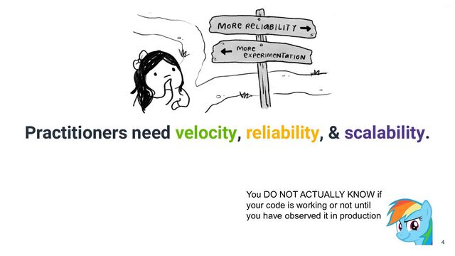 V6-21
Practitioners need velocity, reliability, & scalability.
4
You DO NOT ACTUALLY KNOW if
your code is working or not until
you have observed it in production
