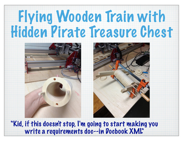 Flying Wooden Train with
Hidden Pirate Treasure Chest
"Kid, if this doesn't stop, I'm going to start making you
write a requirements doc--in Docbook XML"
