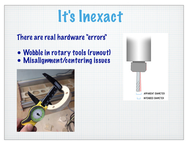 It's Inexact
There are real hardware "errors"
• Wobble in rotary tools (runout)
• Misalignment/centering issues

