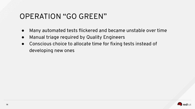14
OPERATION “GO GREEN”
● Many automated tests ﬂickered and became unstable over time
● Manual triage required by Quality Engineers
● Conscious choice to allocate time for ﬁxing tests instead of
developing new ones
