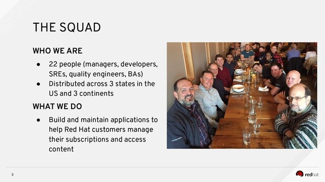 3
THE SQUAD
WHO WE ARE
● 22 people (managers, developers,
SREs, quality engineers, BAs)
● Distributed across 3 states in the
US and 3 continents
WHAT WE DO
● Build and maintain applications to
help Red Hat customers manage
their subscriptions and access
content

