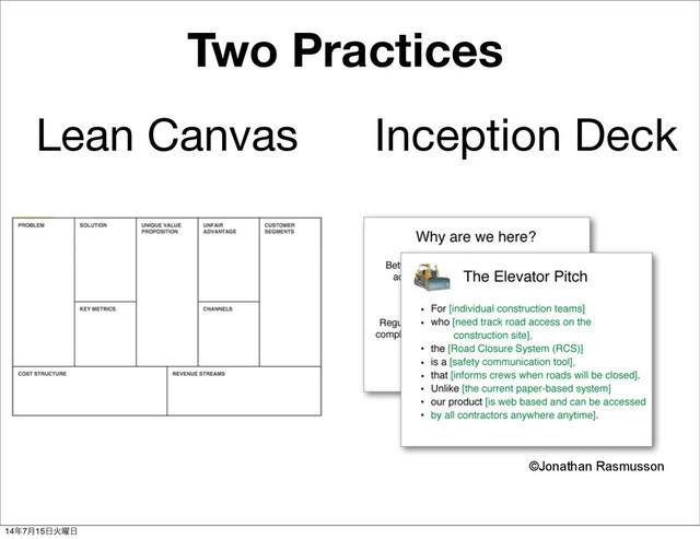 Two Practices
Lean Canvas Inception Deck
©Jonathan Rasmusson
14೥7݄15೔Ր༵೔
