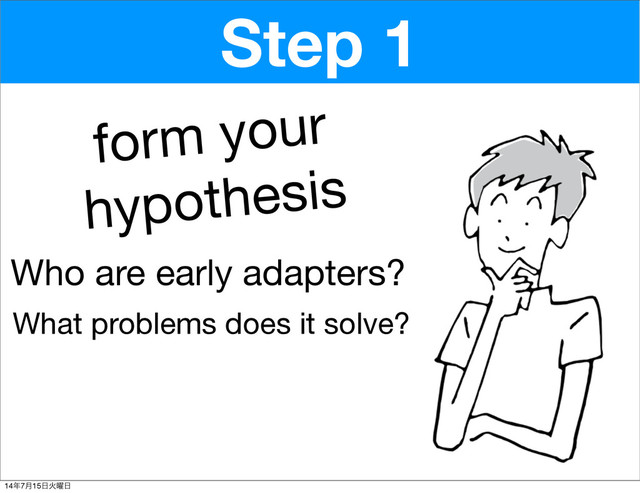 form your
hypothesis
Step 1
Who are early adapters?
What problems does it solve?
14೥7݄15೔Ր༵೔
