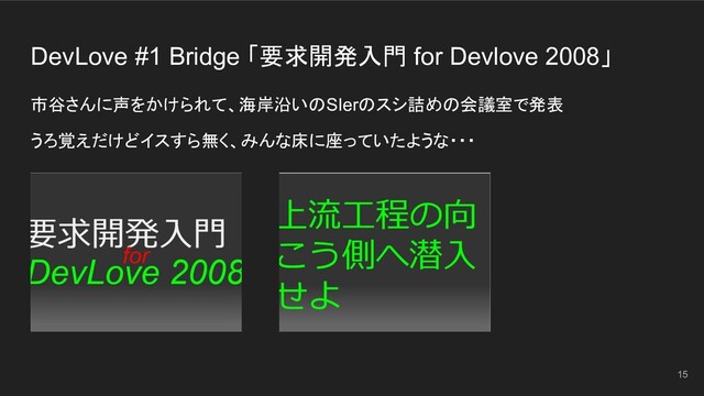 市谷さんに声をかけられて、海岸沿いのSIerのスシ詰めの会議室で発表
うろ覚えだけどイスすら無く、みんな床に座っていたような・・・
DevLove #1 Bridge 「要求開発入門 for Devlove 2008」
15
